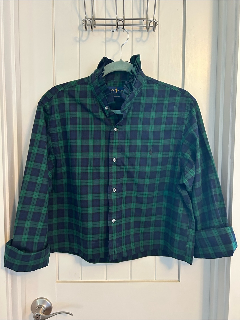 ReWorked Upcycled Ralph Lauren Navy Green Plaid Shirt Ruffled Collar Size Medium
